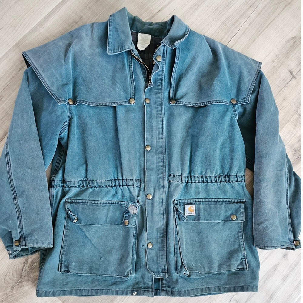 Vintage Carhartt Duck Canvas Chore Coat Blue Western Cape Jacket Distressed L